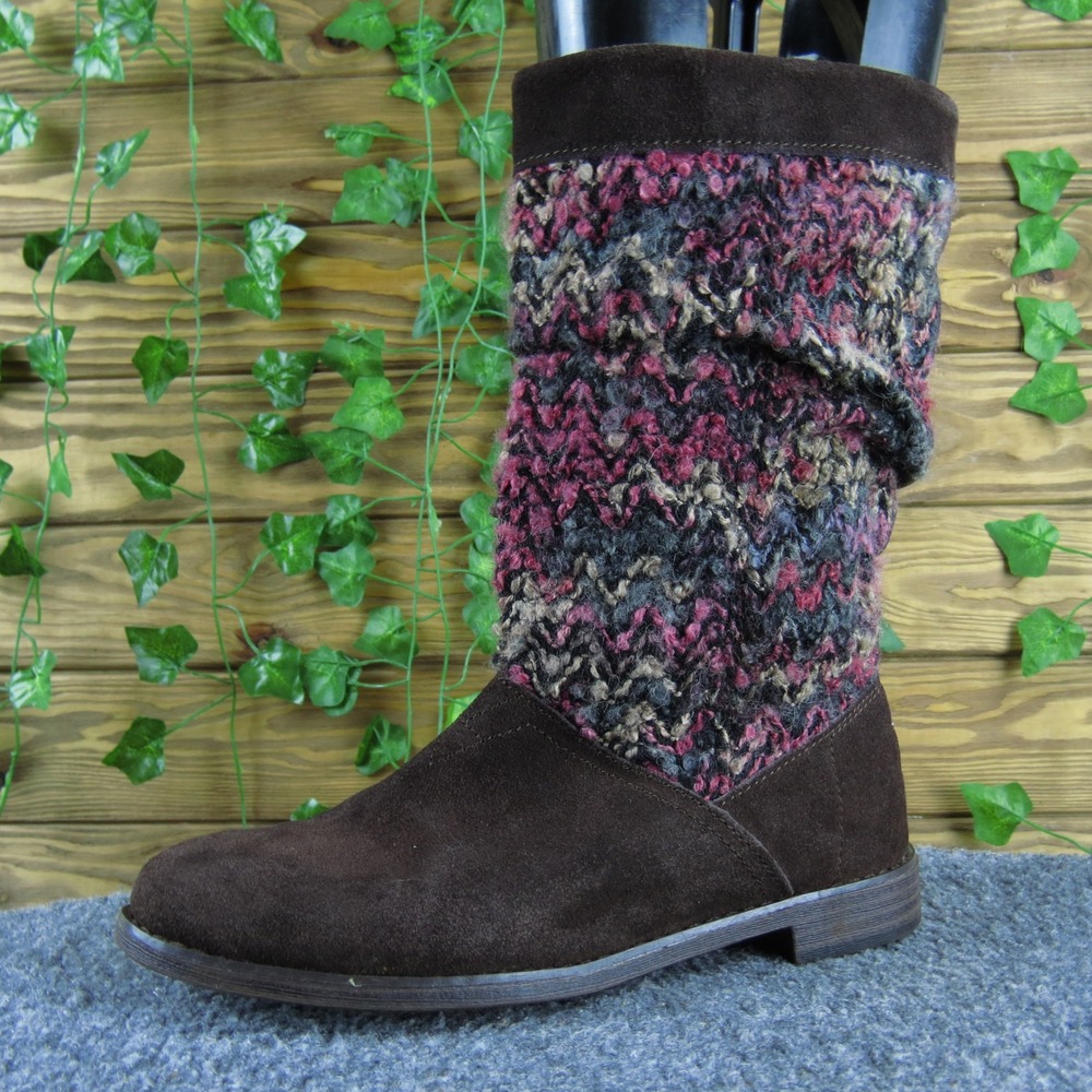 TOMS Women 6.5 Brown Suede Knit Mid Calf Boots Multicolor Cozy Casual